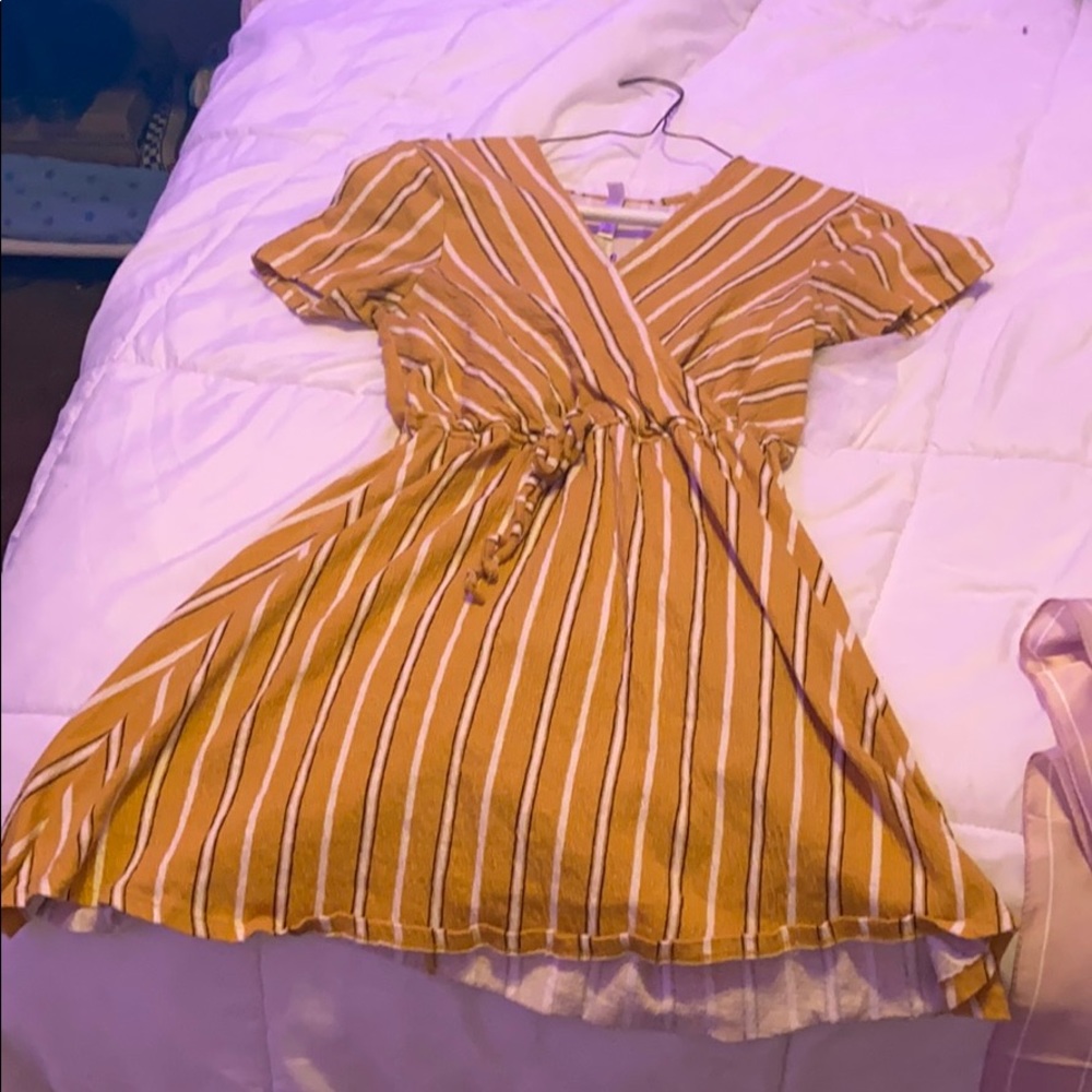 cinched yellow pinstripe dress